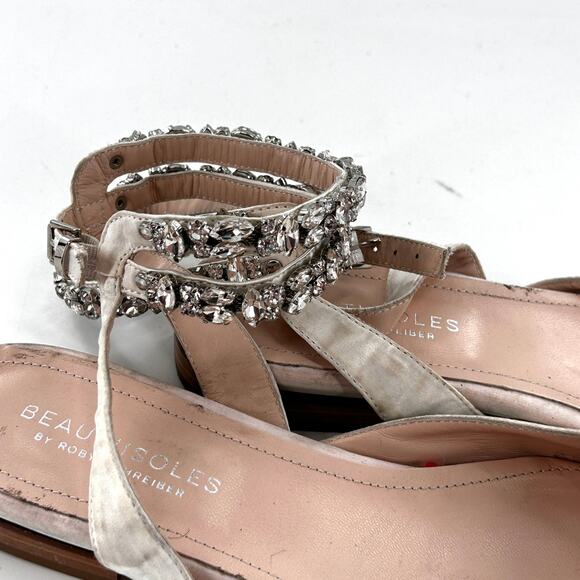 BEAUTIISOLES Cathy Flats 11 White Satin Jewel Ankle Strap Bridal Wedding - Picture 9 of 9